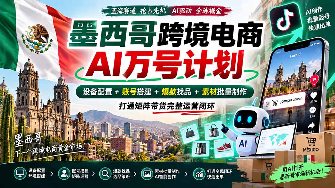 墨西哥AI跨境电商万号计划|设备配置+账号搭建+爆款找品+素材批量制作,打通矩阵带货完整运营闭环-副业网
