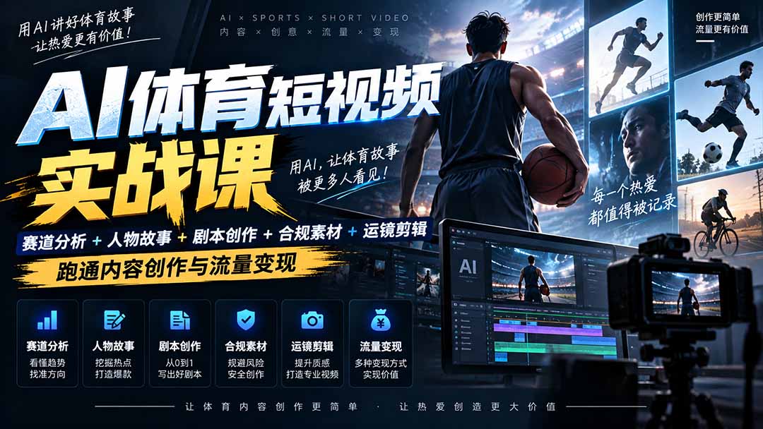 AI体育短视频赛道顶级玩法|赛道分析+人物故事+剧本创作+版权处理+运镜剪辑,跑通流量变现-日赚1K+-副业网