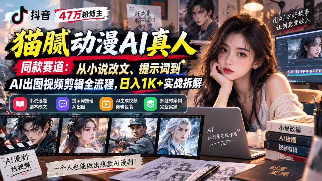图片[2]-抖音47万粉博主猫腻动漫AI真人同款赛道：从小说改文、提示词到AI出图视频剪辑全流程，日入1K+实战拆解-副业网