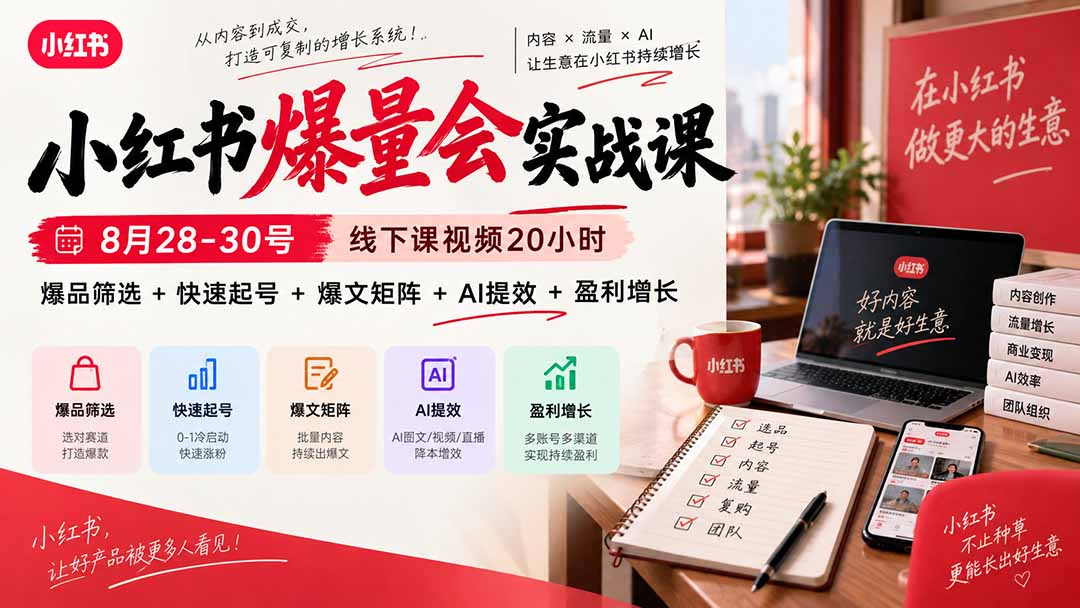 小红书爆量会实战课-更新9月17:线下课视频20小时,爆品筛选+快速起号+爆文矩阵+AI提效+盈利增长-副业网