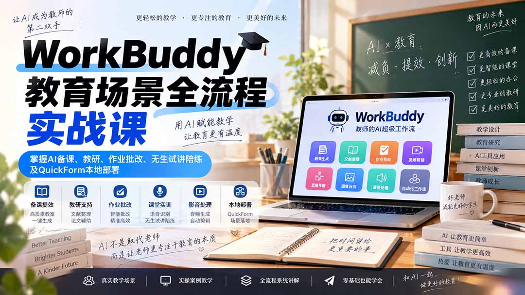 WorkBuddy教育场景全流程实战课:掌握AI备课、教研、作业批改、无生试讲陪练及QuickForm本地部署-副业网