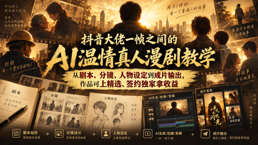 抖音大佬一帧之间的AI温情真人漫剧教学,从剧本、分镜、人物设定到成片输出,作品可上精选、签约独家拿收益-副业网