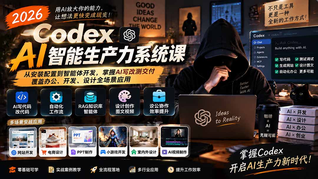2026 Codex AI智能生产力系统课-更新|从安装配置到智能体开发,掌握AI写改测交付,覆盖办公、开发、设计全场景应用-副业网