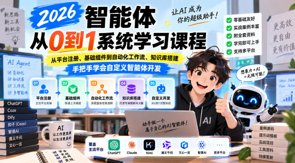 2026智能体从0到1系统学习课程,从平台注册、基础组件到自动化工作流、知识库搭建,手把手学会自定义智能体开发-副业网