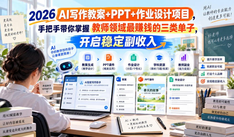 2026 AI写作教案+PPT+作业设计项目,手把手带你掌握教师领域最賺钱的三类单子,开启稳定副收入-副业网