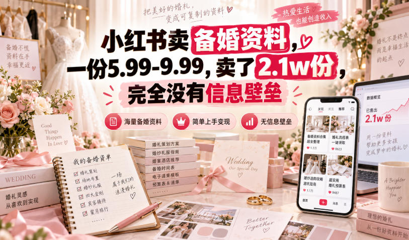 小红书卖备婚资料,一份5.99-9.99,卖了2.1w份,完全没有信息壁垒-副业网