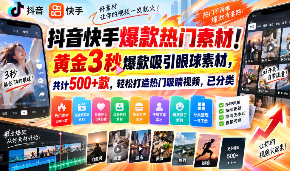抖音快手爆款热门素材!黄金3秒爆款吸引眼球素材,共计500+款,轻松打造热门吸睛视频,已分类-副业网