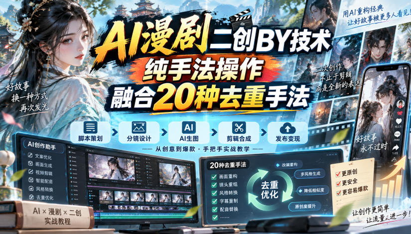 AI漫剧二创搬运技术,纯手法操作,融合20种去重手法-副业网