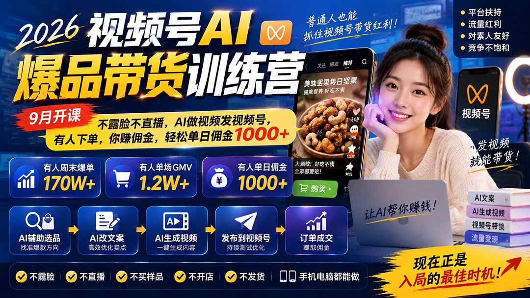 2026视频号AI爆品带货训练营-9月开课｜不露脸不直播，AI做视频发视频号，有人下单，你赚佣金，轻松单日佣金1000+-副业网