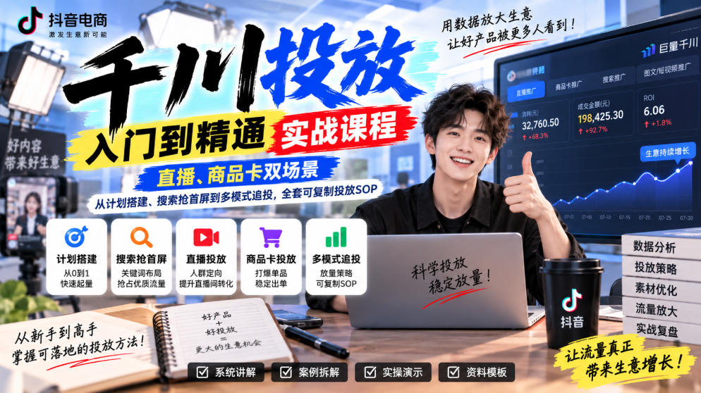 千川投放入门到精通实战课程,直播、商品卡双场景,从计划搭建、搜索抢首屏到多模式追投,全套可复制投放SOP-副业网