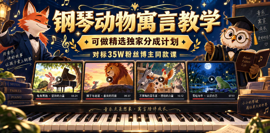钢琴动物寓言教学,可做精选独家分成计划,对标35W粉丝博主同款课-副业网