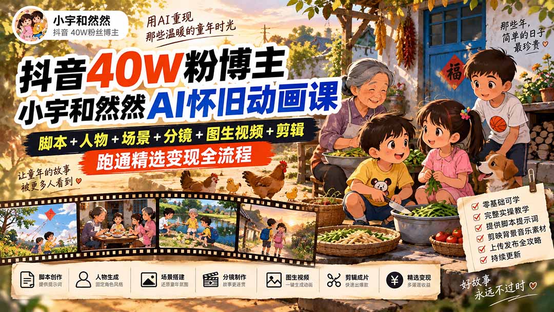 图片[2]-抖音40W粉博主小宇和然然AI怀旧动画课｜脚本+人物+场景+分镜+图生视频+剪辑，跑通精选变现全流程-副业网