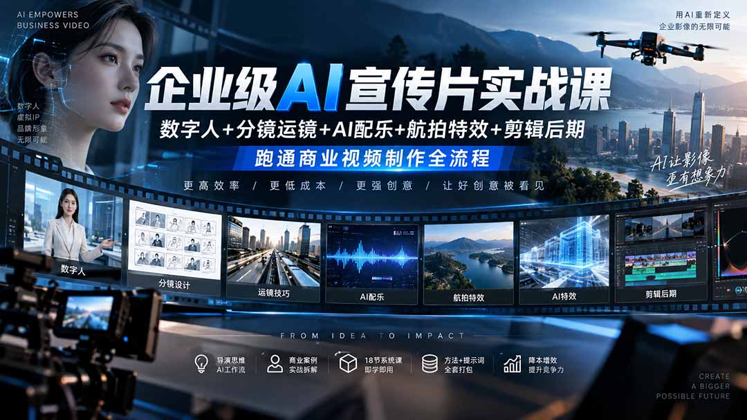 图片[2]-企业级AI宣传片实战课｜数字人+分镜运镜+AI配乐+航拍特效+剪辑后期，跑通商业视频制作全流程-副业网