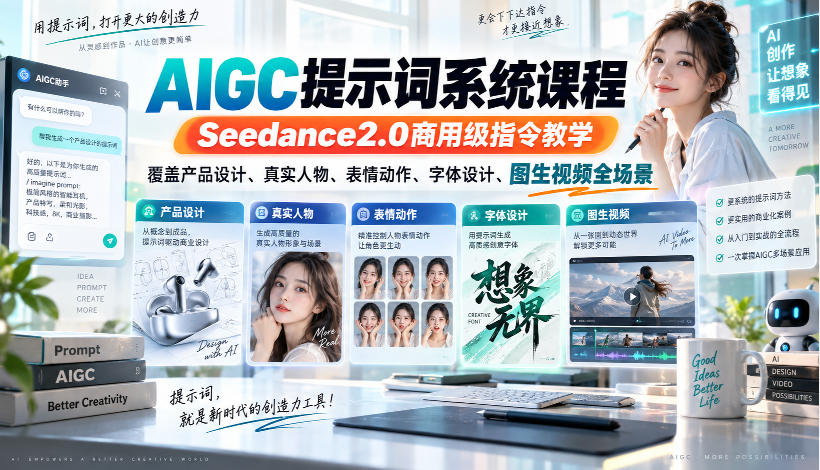 AIGC提示词系统课程,Seedance2.0商用级指令教学,覆盖产品设计、真实人物、表情动作、字体设计、图生视频全场景-副业网