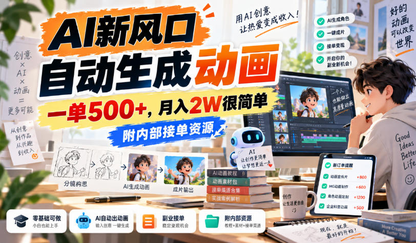 AI新风口,自动生成动画,一单500+,月入2W很简单,附内部接单资源【揭秘】-副业网