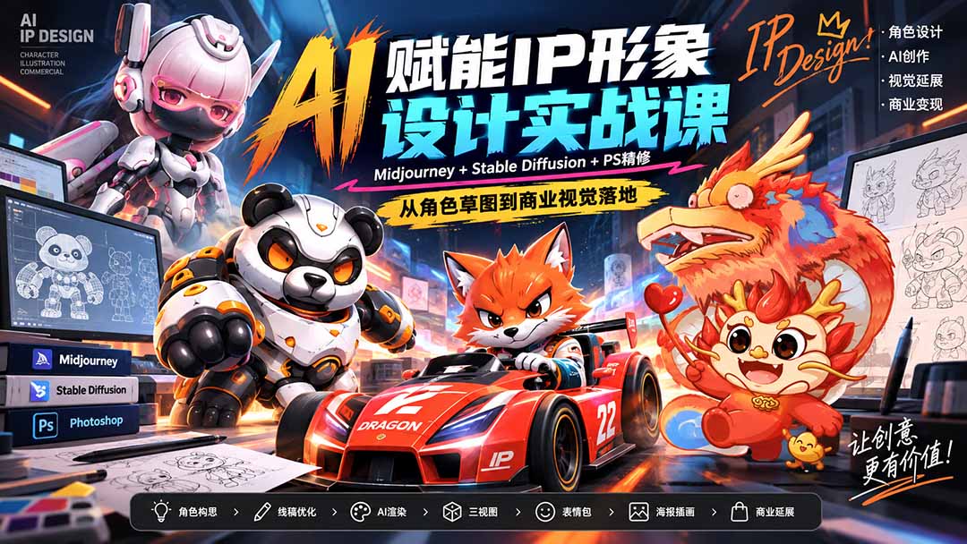 图片[2]-AI赋能IP形象设计实战课-无水印：Midjourney+Stable Diffusion+PS精修，从角色草图到商业视觉落地-副业网
