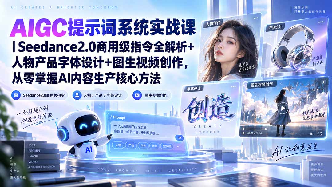 AIGC提示词系统实战课-无水印|Seedance2.0商用级指令全解析+人物产品字体设计+图生视频创作,掌握AI内容生产方法-副业网