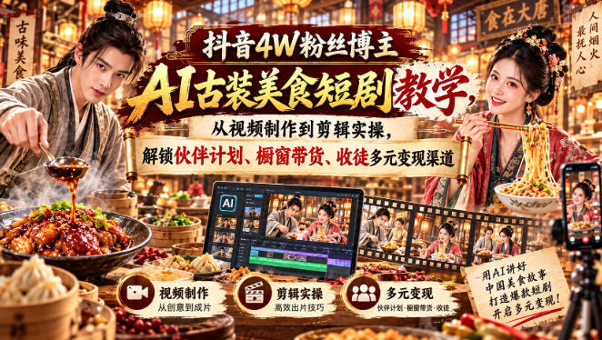 抖音4W粉丝博主AI古装美食短剧教学,从视频制作到剪辑实操,解锁伙伴计划、橱窗带货、收徒多元变现渠道-副业网
