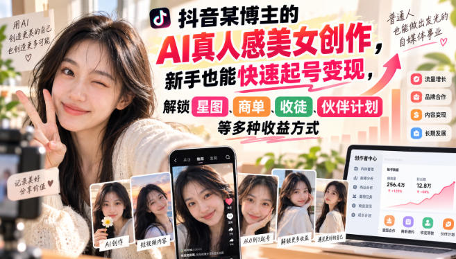 抖音某博主的AI真人感美女创作,新手也能快速起号变现,解锁星图,商单,收徒,伙伴计划等多种收益方式-副业网