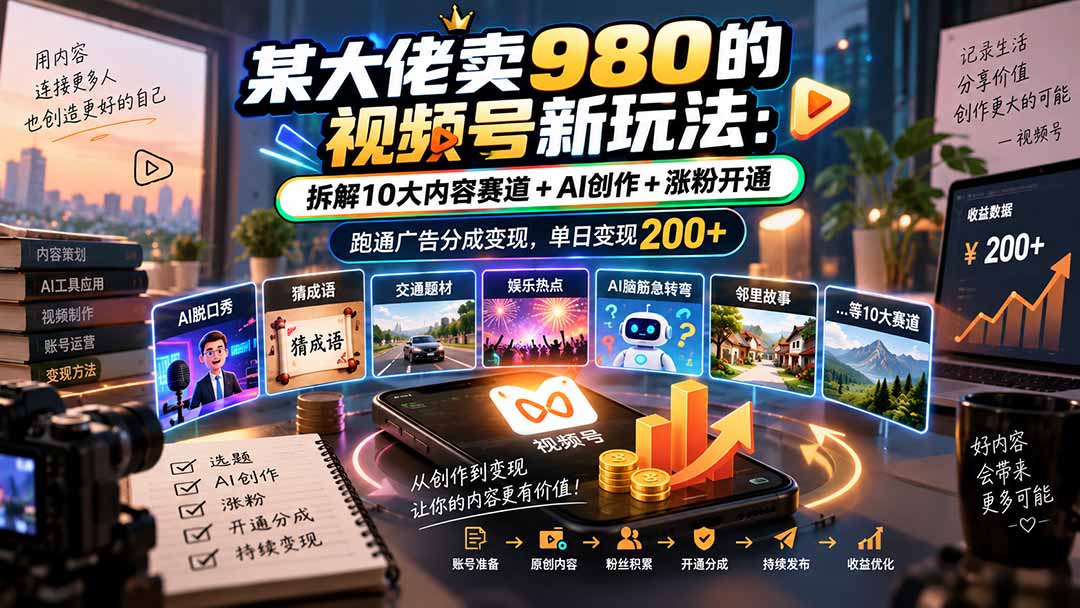 某大佬卖980的视频号新玩法:拆解10大内容赛道+AI创作+涨粉开通,跑通广告分成变现,单日变现200+-副业网