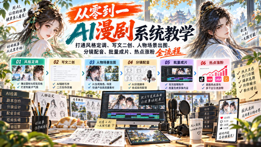 从零到一AI漫剧系统教学,打通风格定调、写文二创、人物场景出图、分镜配音、批量成片、热点涨粉全流程-副业网