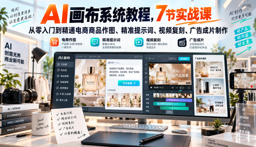 AI画布系统教程,7节实战课从零入门到精通电商商品作图、精准提示词、视频复刻、广告成片制作-副业网