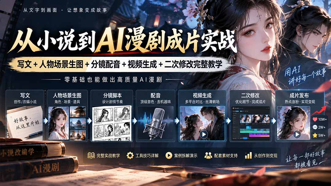 从小说到AI漫剧成片实战:写文+人物场景生图+分镜配音+视频生成+二次修改完整教学-副业网