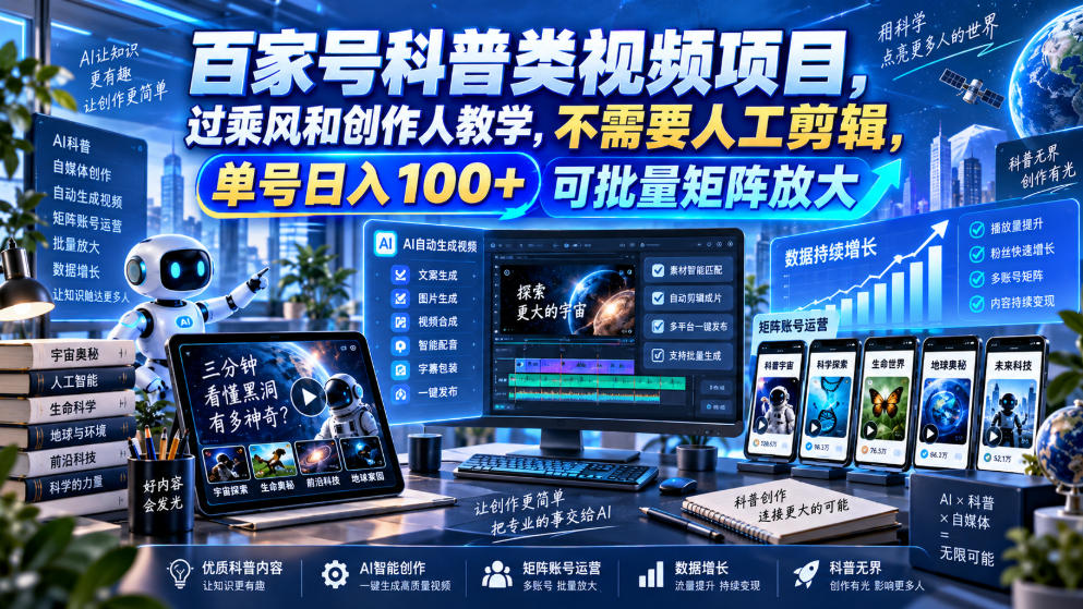 百家号科普类视频项目,过乘风和创作人教学,不需要人工剪辑,单号日入100+可批量矩阵放大-副业网