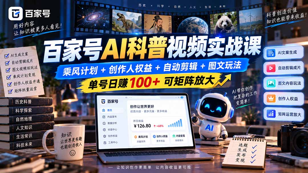 百家号AI科普视频实战课:乘风计划+创作人权益+自动剪辑+图文玩法,单号日赚100+可矩阵放大-副业网