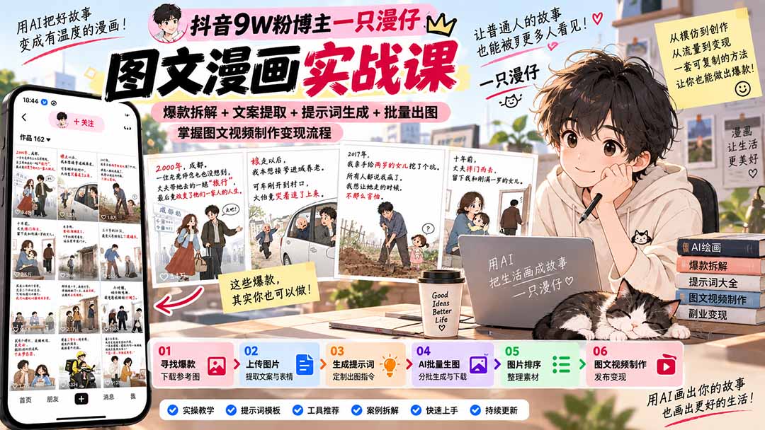 图片[2]-抖音9W粉博主一只漫仔图文漫画课：爆款拆解+文案提取+提示词生成+批量出图，掌握图文视频制作变现流程-副业网