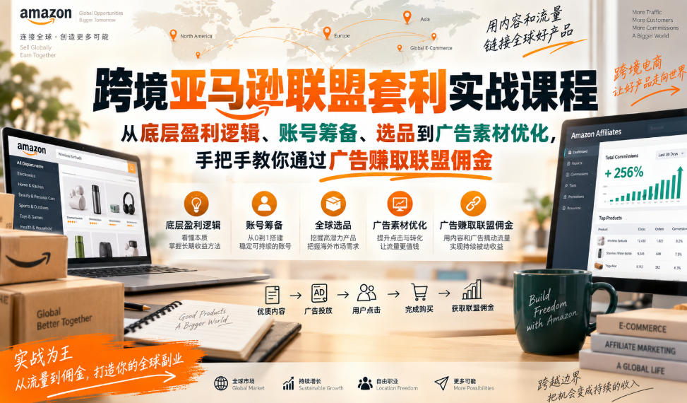 跨境亚马逊联盟套利实战课程,从底层盈利逻辑、账号筹备、选品到广告素材优化,手把手教你通过广告賺取联盟佣金-副业网