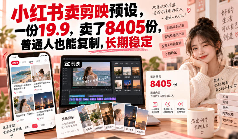 小红书卖剪映预设,一份19.9,卖了8405份,普通人也能复制,长期稳定-副业网