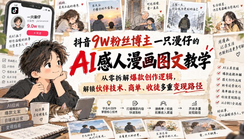 抖音9W粉丝博主一只漫仔的AI感人漫画图文教学,从零拆解爆款创作逻辑,解锁伙伴技术、商单、收徒多重变现路径-副业网