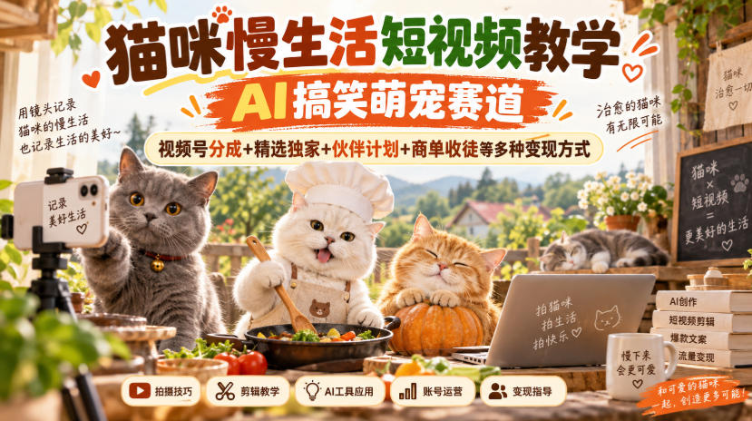 猫咪慢生活短视频教学,AI搞笑萌宠赛道,视频号分成+精选独家+伙伴计划+商单收徒等多种变现方式-副业网