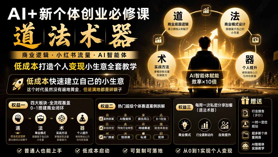 AI+新个体创业必修课-更新0922｜道法术器｜商业逻辑·小红书流量·AI智能体｜低成本打造个人变现小生意全套教学-副业网
