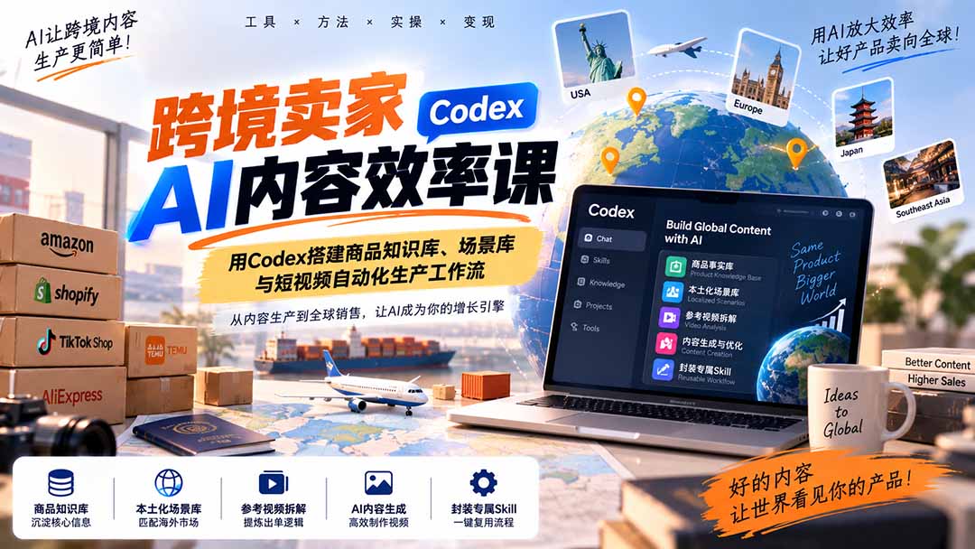 跨境卖家AI内容效率课:用Codex搭建商品知识库、场景库与短视频自动化生产工作流-副业网