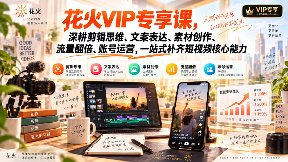 花火VIP专享课,深耕剪辑思维、文案表达、素材创作、流量翻倍、账号运营,一站式补齐短视频核心能力-副业网