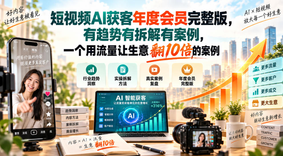 短视频AI获客年度会员完整版,有趋势有拆解有案例,一个用流量让生意翻10倍的案例-副业网