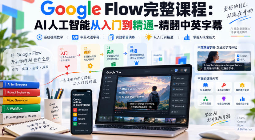 【无水印】Google Flow完整课程:AI人工智能从入门到精通-精翻中英字幕-副业网