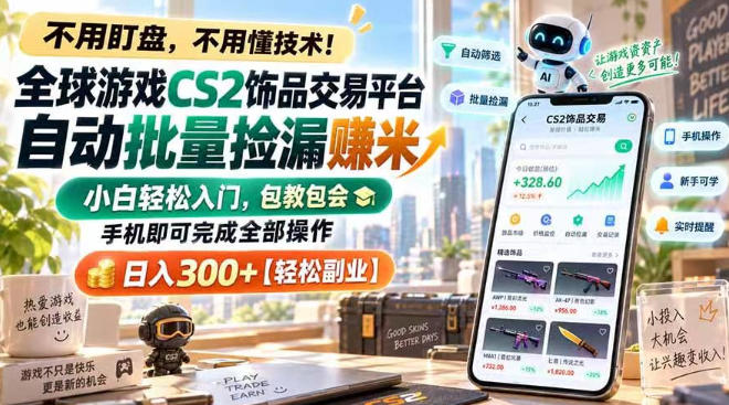 全球游戏CS2饰品交易平台自动批量捡漏賺米,小白轻松入门,包教包会,手机即可完成全部操作,日入300+【揭秘】-副业网