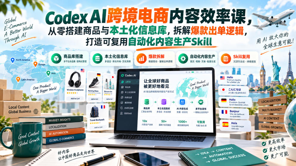 Codex AI跨境电商内容效率课,从零搭建商品与本土化信息库,拆解爆款出单逻辑,打造可复用自动化内容生产Skill-副业网