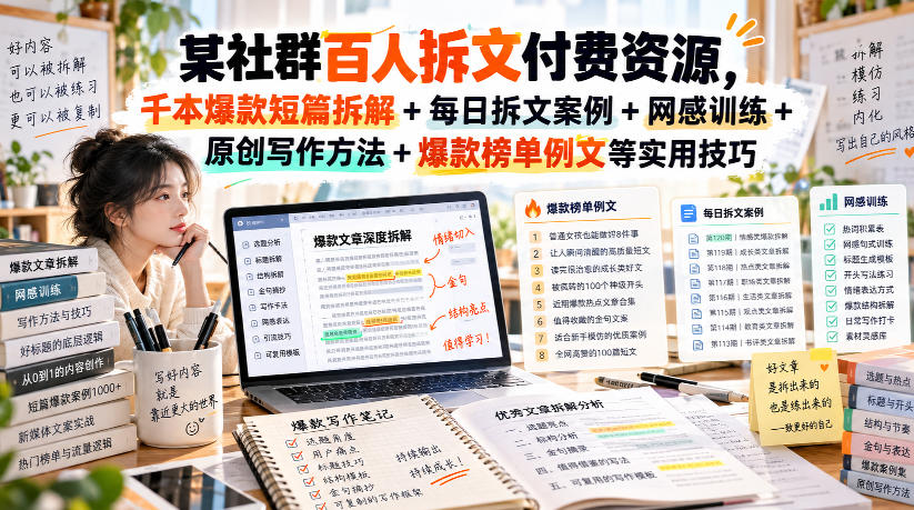 某社群百人拆文付费资源,千本爆款短篇拆解+每日拆文案例+网感训练+原创写作方法+爆款榜单例文等实用技巧(持续更新)-副业网