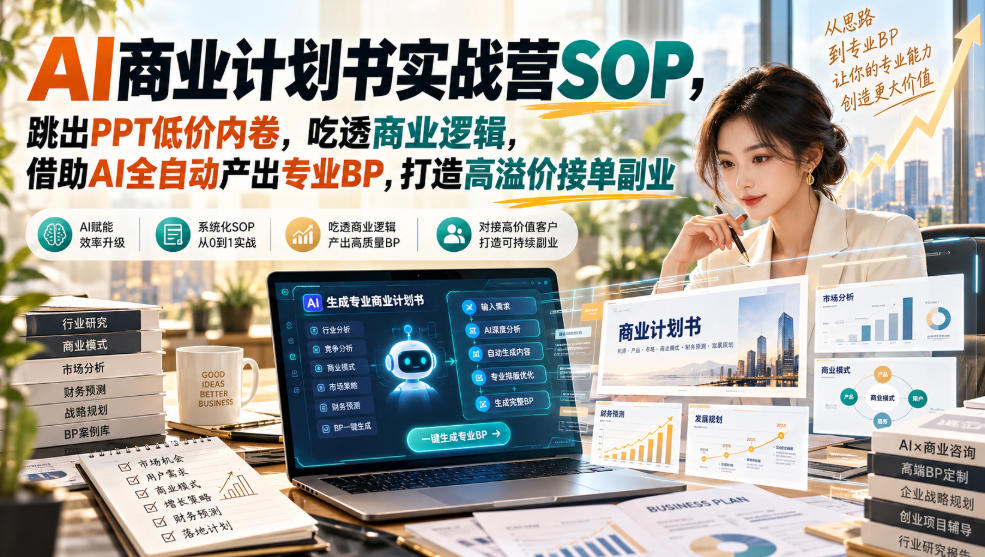 AI商业计划书实战营SOP,跳出PPT低价内卷,吃透商业逻辑,借助AI全自动产出专业BP,打造高溢价接单副业-副业网