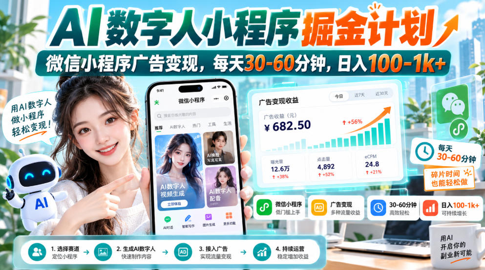 【无水印】AI数字人小程序掘金计划,微信小程序广告变现,每天30‑60分钟,日入100‑1k+-副业网