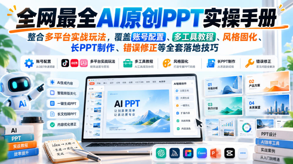 全网最全AI原创PPT实操手册,整合多平台实战玩法,覆盖账号配置、多工具教程、风格固化、长PPT制作、错误修正等全套落地技巧-副业网