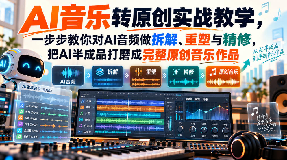 AI音乐转原创实战教学,一步步教你对AI音频做拆解、重塑与精修,把AI半成品打磨成完整原创音乐作品-副业网