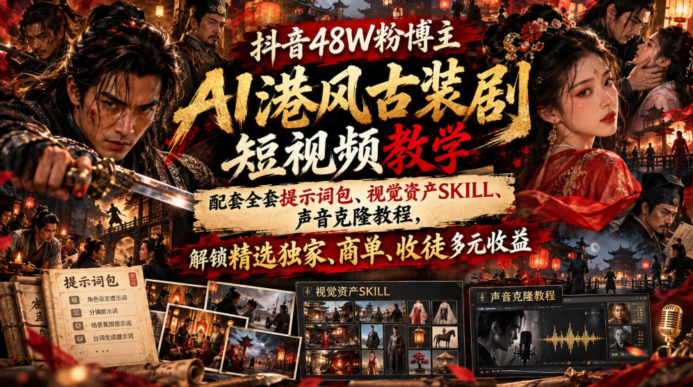 抖音48W粉博主AI港风古装剧短视频教学,配套全套提示词包、视觉资产SKILL、声音克隆教程,解锁精选独家、商单、收徒多元收益-副业网