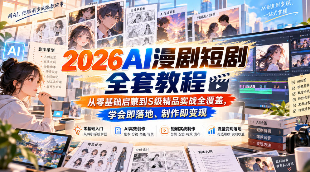 2026AI漫剧短剧全套教程,从零基础启蒙到S级精品实战全覆盖,学会即落地、制作即变现-副业网