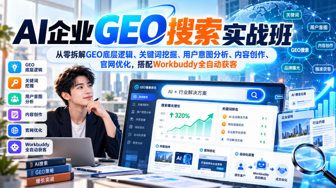 AI企业GEO搜索实战班,从零拆解GEO底层逻辑、关键词挖掘、用户意图分析、内容创作、官网优化,搭配Workbuddy全自动获客-副业网