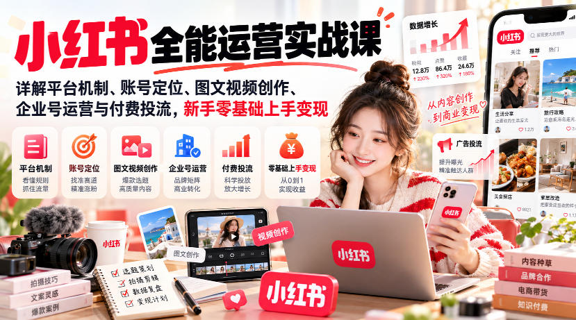 小红书全能运营实战课,详解平台机制、账号定位、图文视频创作、企业号运营与付费投流,新手零基础上手变现-副业网